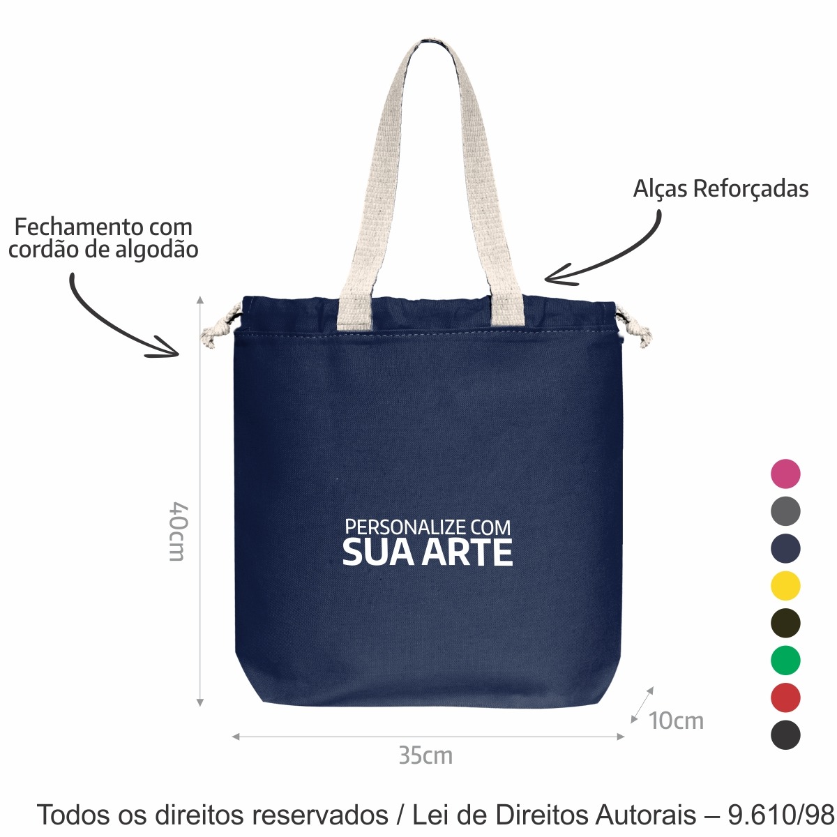 277LC SACOLA DE LONA COLORIDA 35X40X10CM AZUL MARINHO COM CRU