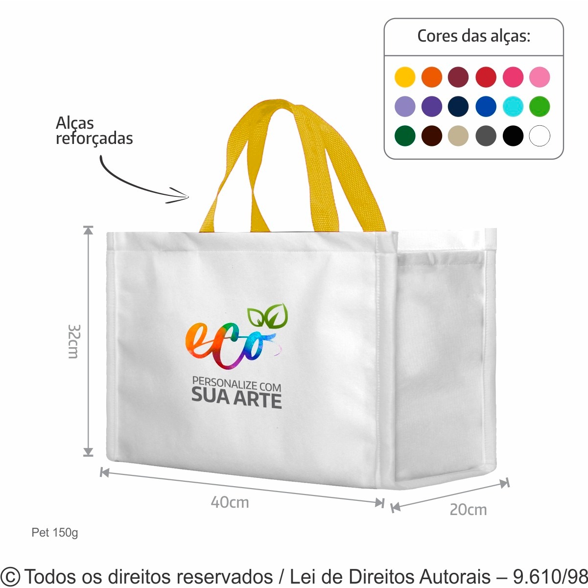 SM473 SACOLA DE PET 150G 40X32X20CM BRANCO COM AMARELO
