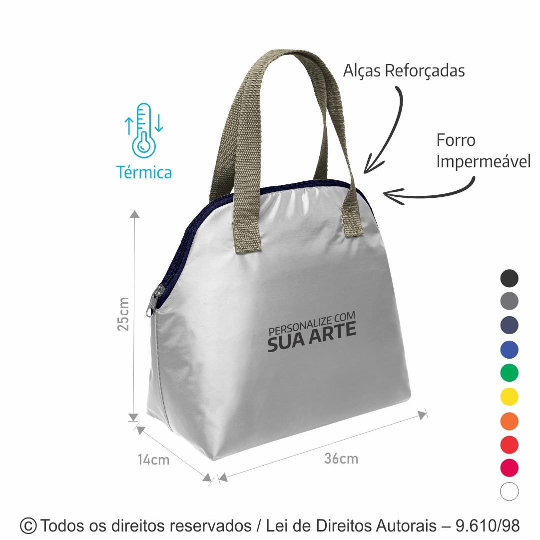 135N SACOLA TERMICA 3,5 LITROS EM NYLON 70 RESINADO 36X25X14CM BRANCO COM RAMI E AZUL MARINHO