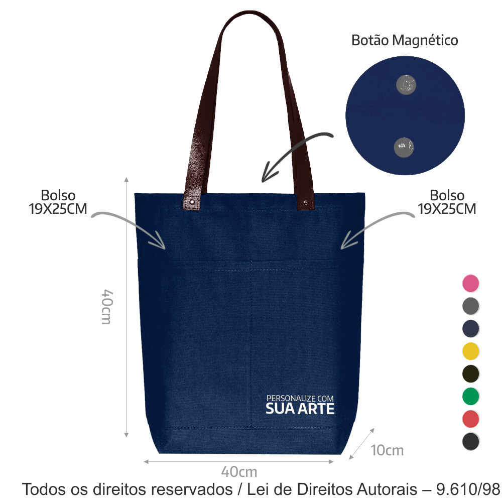 11LC SACOLA DE LONA COLORIDA 40X40X10CM AZUL MARINHO COM MARROM CAFE