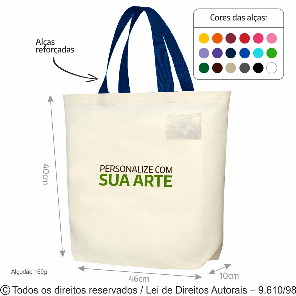 SM467 SACOLA DE ALGODAO 160G 30X40x5CM NATURAL COM MARINHO