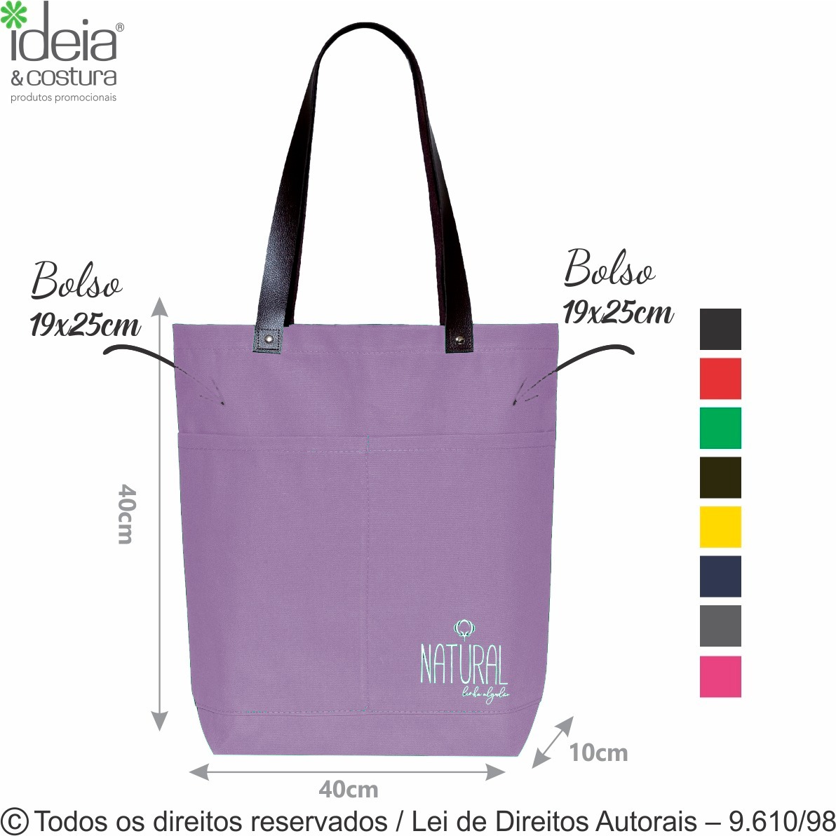 11LC SACOLA DE LONA COLORIDA 40X40X10CM LILAS COM MARROM CAFE