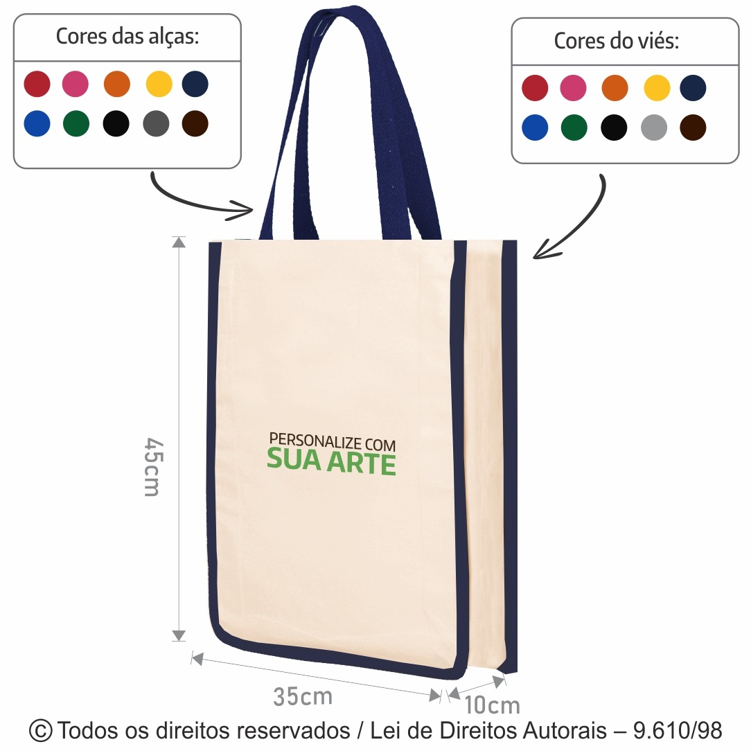 8LFCDC SACOLA DE LONA 240G 35X45X10CM NATURAL COM AZUL MARINHO
