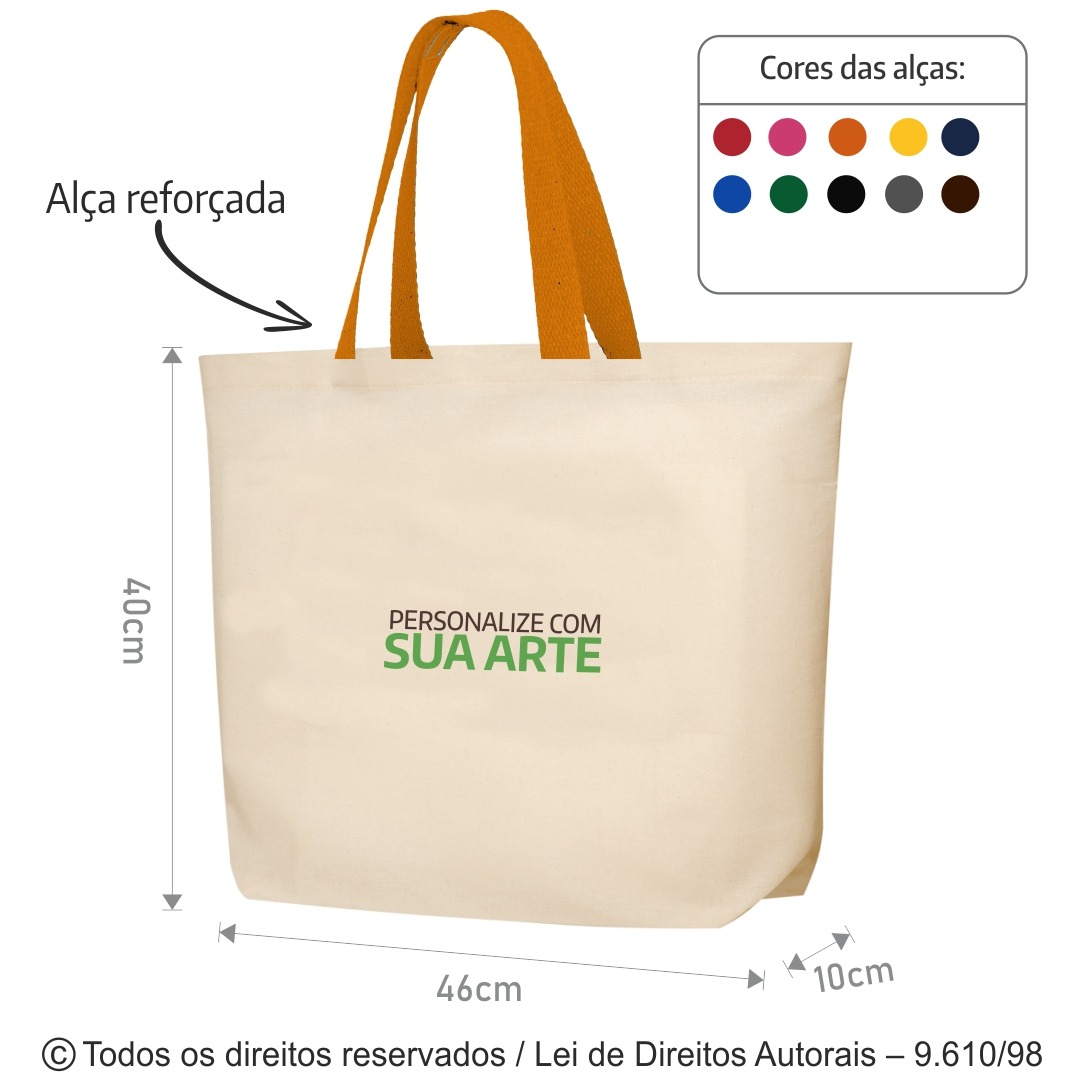 2LFC SACOLA DE LONA 240G 46X40X10CM NATURAL COM LARANJA