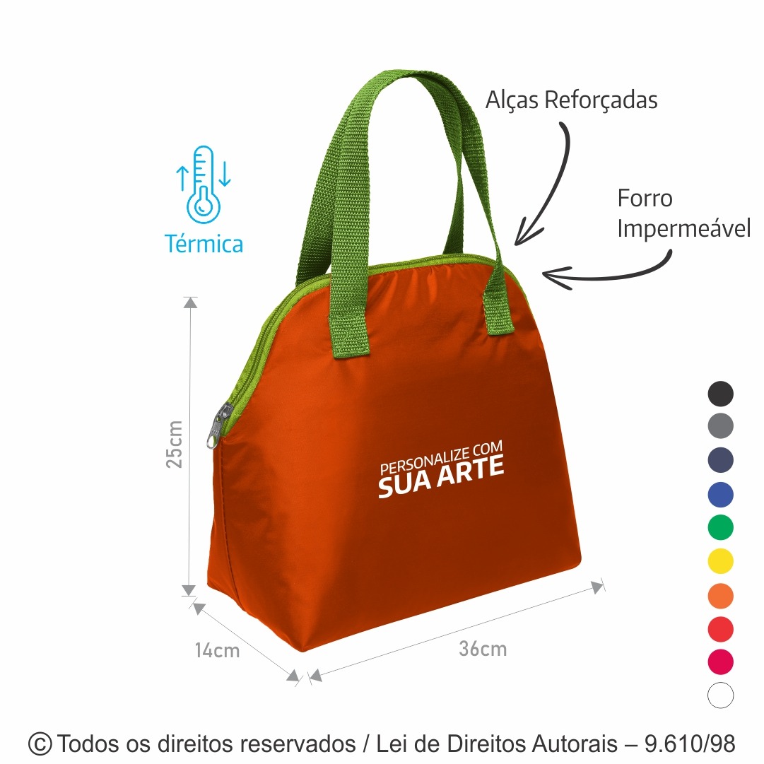 135N SACOLA TERMICA 3,5 LITROS EM NYLON 70 RESINADO 36X25X14CM LARANJA COM VERDE ALFACE