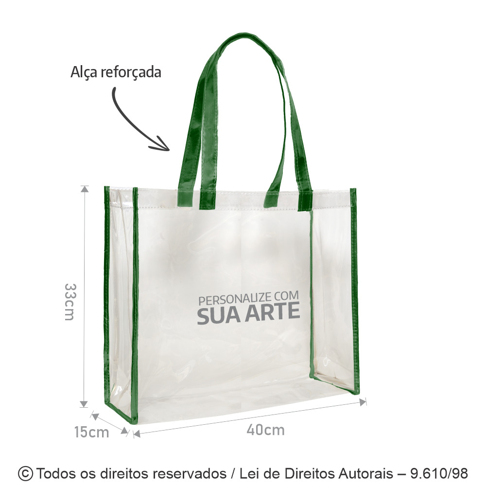 SM580 SACOLA DE PVC 040 40X33X15CM CRISTAL COM VERDE BANDEIRA