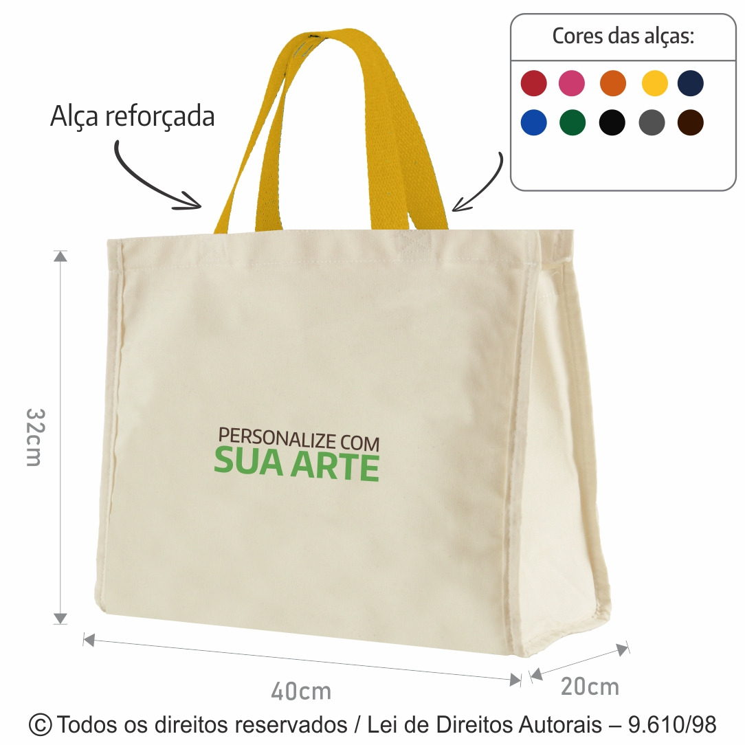 12LFC SACOLA DE LONA 240G 40X32X20CM NATURAL ALÇA MOSTARDA 46CM 10 KITS